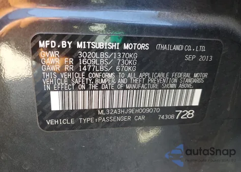 2014 Mitsubishi Mirage De z USA, uszkodzony, nr VIN ML32A3HJ9EH009070